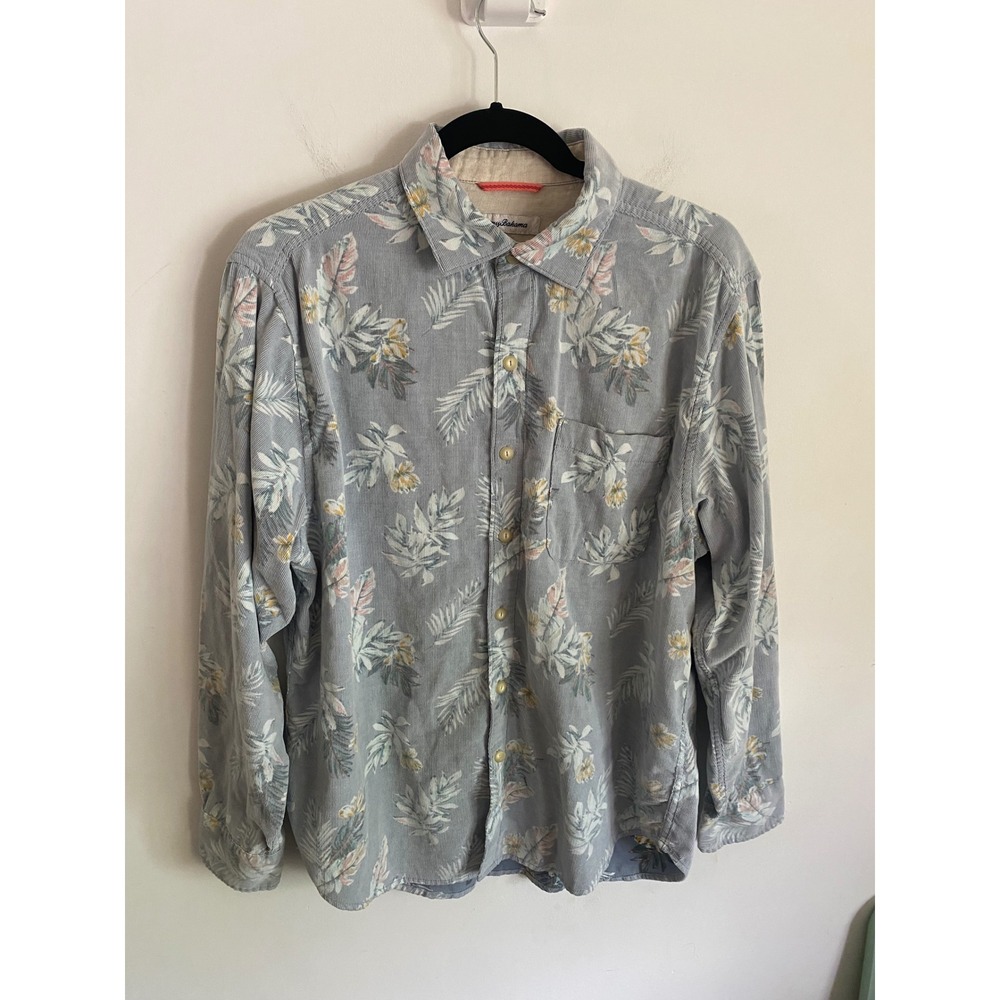 Tommy Bahama Mens Medium Corduroy Tropical Floral Button Down Shirt Blue Grey M